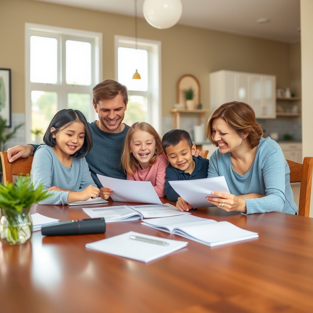 A happy family of four sitting together at their dining table at home, reviewing financial documents with smiles on their faces. The scene shows a warm, well-lit modern home interior with natural light streaming through windows. Parents and two children are gathered around paperwork, appearing relaxed and confident about their financial decisions. The atmosphere conveys trust, security, and family financial planning success.