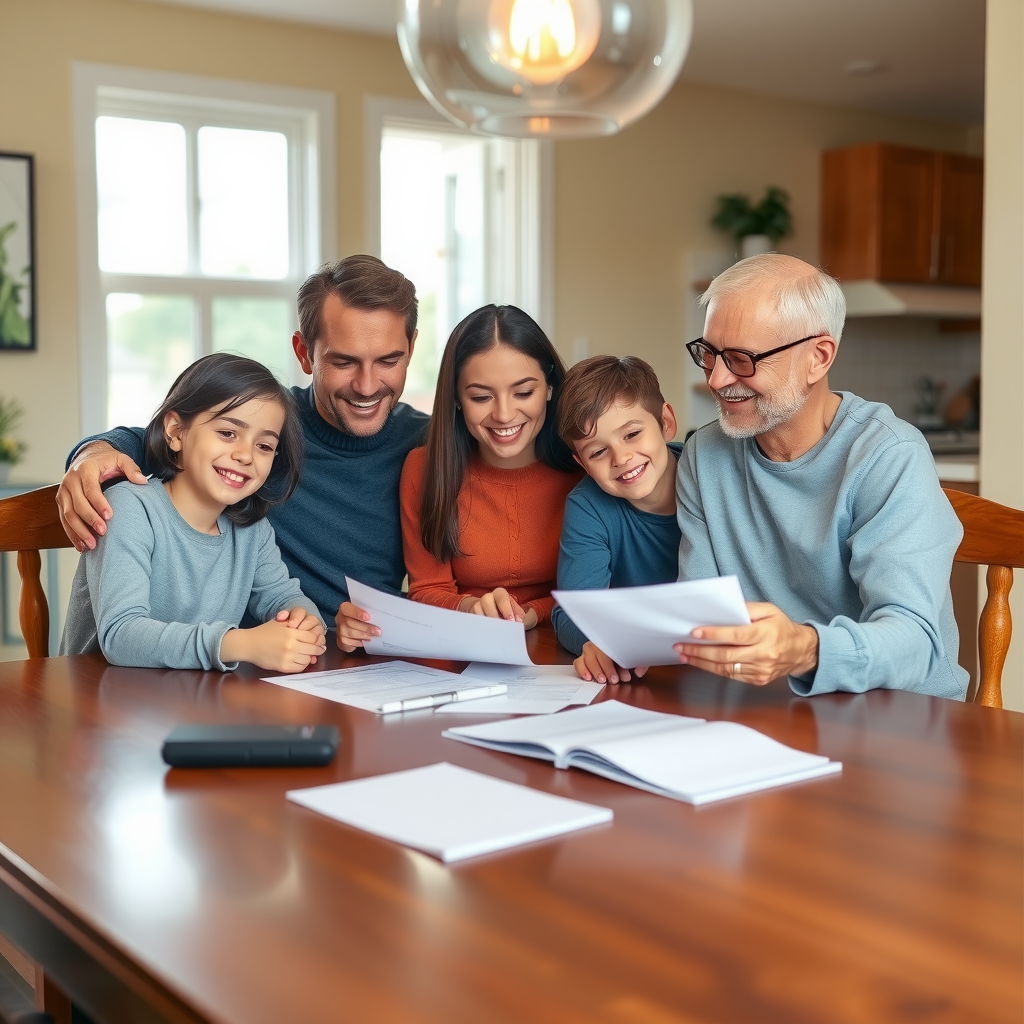 A happy family of four sitting together at their dining table at home, reviewing financial documents with smiles on their faces. The scene shows a warm, well-lit interior with natural light coming through windows. Parents and children are gathered around paperwork, depicting trust and financial planning together in a comfortable home environment.