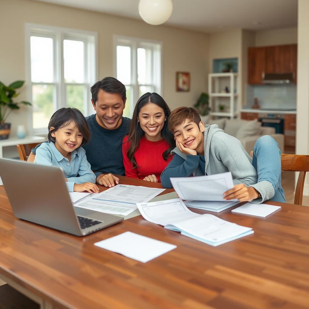 A happy family of four sitting together at their dining room table at home, reviewing financial documents and loan paperwork with smiles on their faces. The scene shows a warm, well-lit interior with natural light coming through windows. Parents and two children are gathered around papers spread on the table, with a laptop visible. The atmosphere conveys trust, security, and financial planning success. Modern home interior with comfortable furniture in the background.