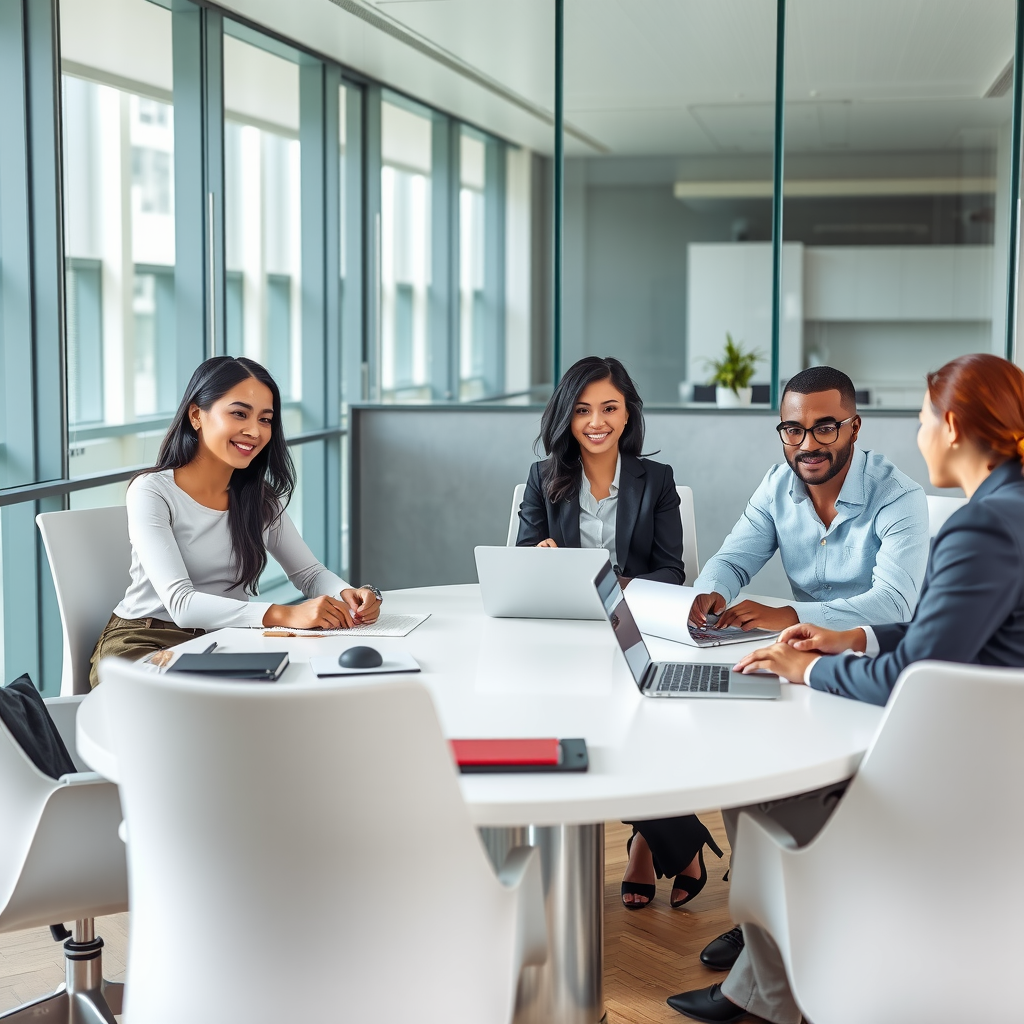 Diverse group of business professionals including Asian woman, African American man, Hispanic woman, and Caucasian man in modern glass-walled office conference room having productive strategy meeting around sleek white table with laptops and documents, natural lighting from floor-to-ceiling windows, professional business attire, collaborative atmosphere, contemporary office interior design