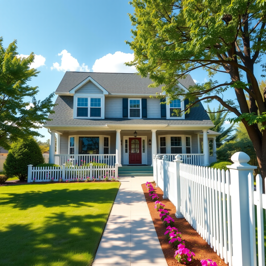 Beautiful two-story suburban house with manicured green lawn, colorful flower beds along the walkway, white picket fence, large windows, welcoming front porch with columns, mature trees providing shade, and clear blue sky with few white clouds in the background