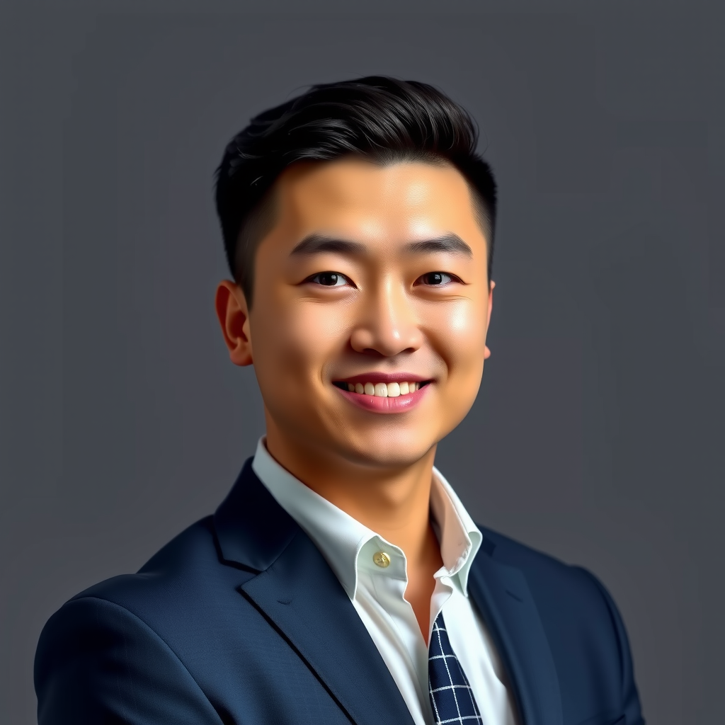 Professional headshot of Marcus Chen, Lead Loan Officer at Chase Tech, wearing a navy suit with a confident and professional demeanor, photographed against a neutral background with professional studio lighting