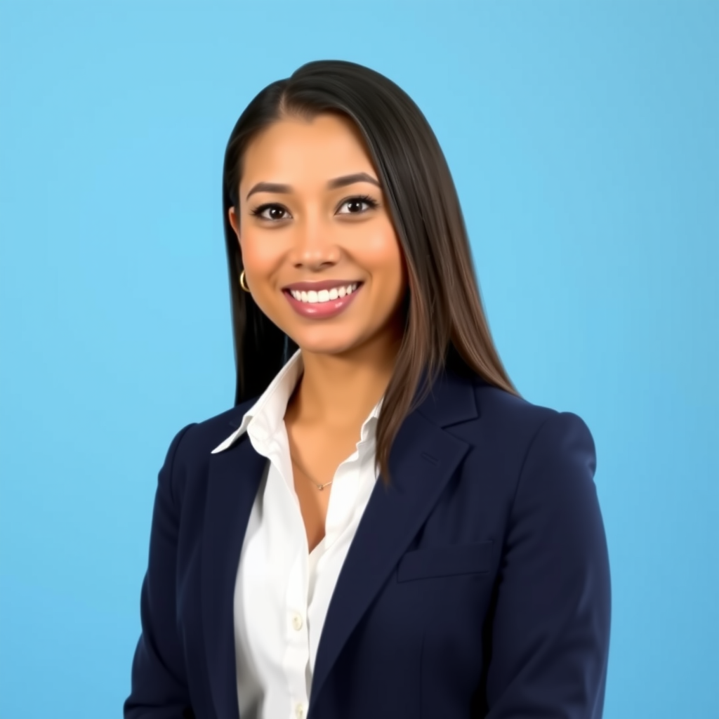 Professional headshot of Jennifer Rodriguez, a Savings Account Specialist at Chase Tech, smiling warmly in professional business attire with a navy blazer and white blouse, photographed against a soft blue gradient background with natural lighting highlighting her approachable demeanor