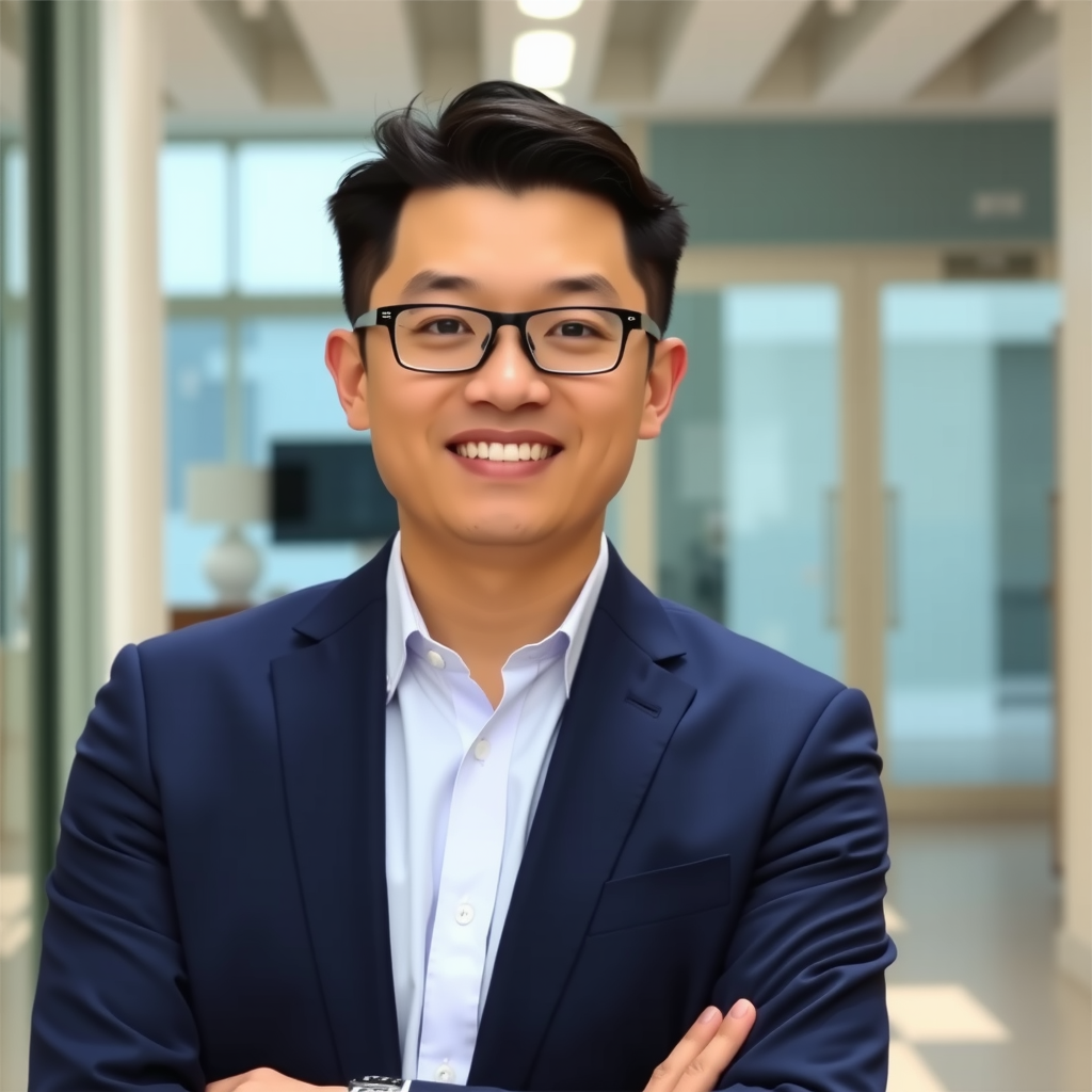 Professional headshot of Marcus Chen, Lead Loan Officer at Chase Tech, wearing a navy blue suit with confident and professional demeanor, photographed in a corporate office setting with natural lighting