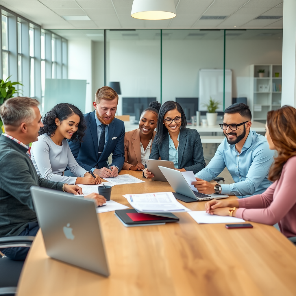 A diverse group of business professionals in a modern, bright office setting having a productive meeting around a conference table. The scene includes men and women of various backgrounds collaborating over documents and laptops. The office features contemporary design with glass walls, natural lighting, and professional atmosphere. Team members are engaged, smiling, and discussing business growth strategies, conveying success, teamwork, and professional financial services.