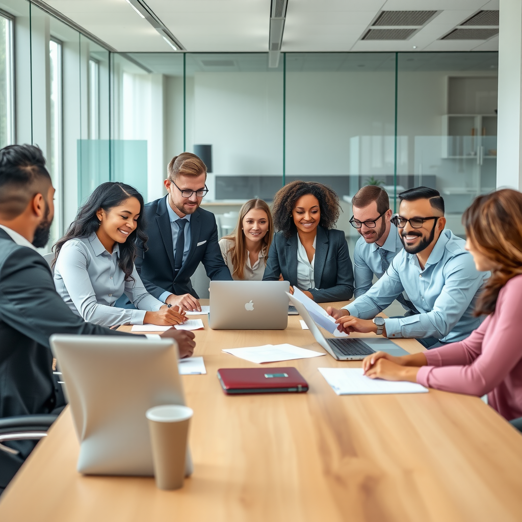 Diverse group of business professionals in a modern, bright office setting having a productive meeting around a conference table. The scene includes men and women of various backgrounds collaborating, with laptops and documents visible. Contemporary office design with glass walls and natural lighting creates a professional atmosphere.