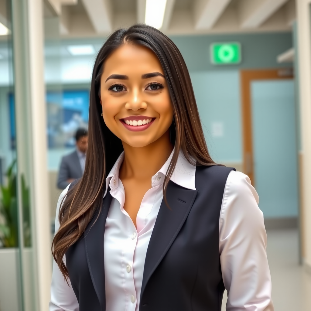Professional headshot of Jennifer Rodriguez, Savings Account Specialist at Chase Tech, wearing professional business attire with a friendly and welcoming smile, photographed in a bright office environment with modern decor