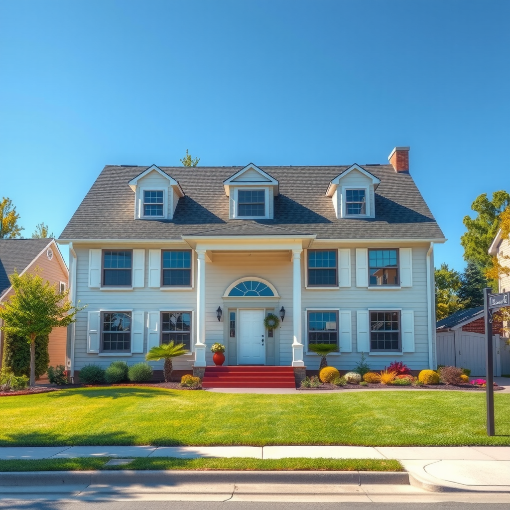 Beautiful two-story suburban house with a welcoming front yard featuring green lawn and landscaping. The house has a charming exterior with a front porch, large windows, and attractive architectural details. Clear blue sky overhead creates an inviting atmosphere. The property represents the dream of homeownership with well-maintained curb appeal.
